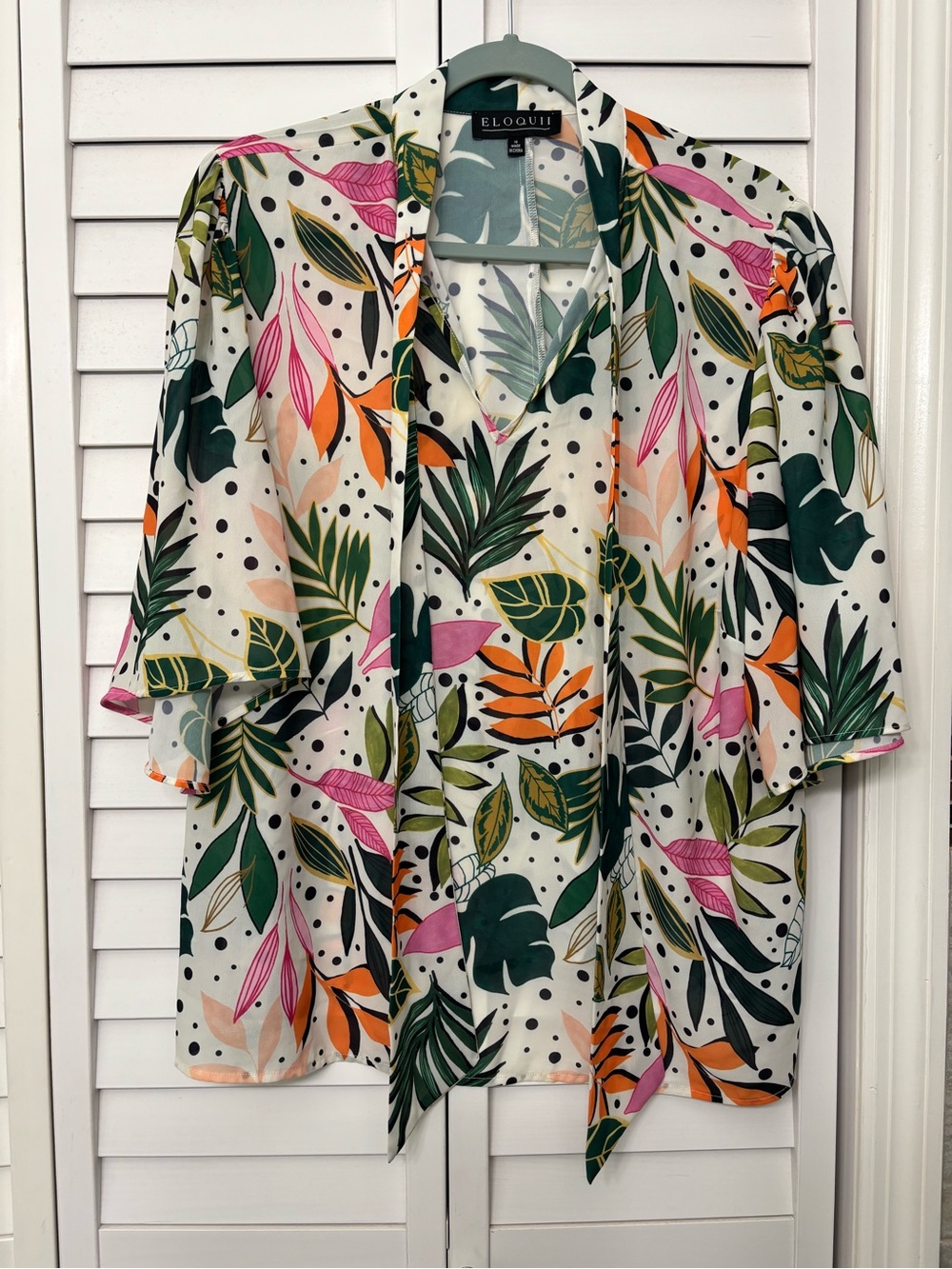 Eloquii White Tropical Leaf Kimono Top with Green Pink and Orange